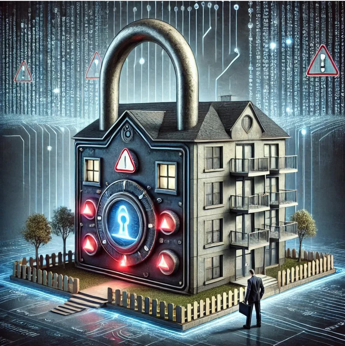 Securing business data illustrated as securing physical premises, padlock over digital background