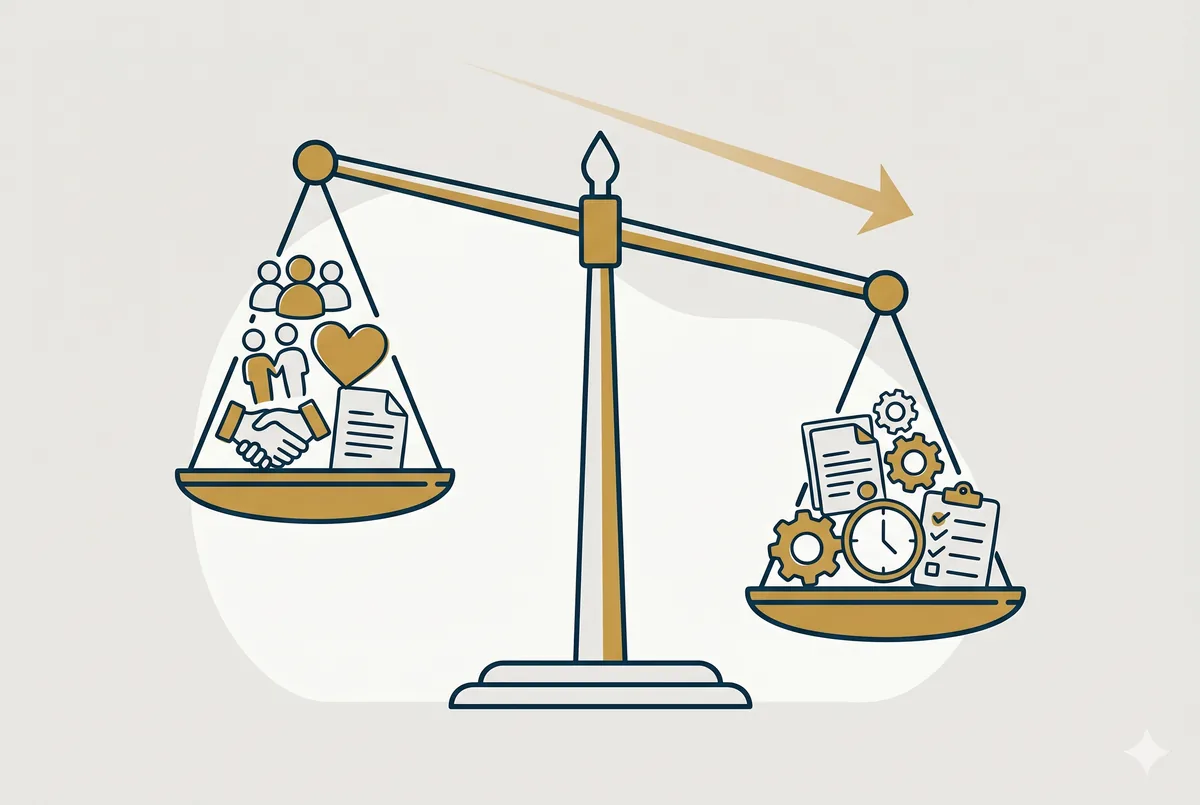 Illustration of a tipping scale showing NDIS administrative burden and compliance outweighing participant care and human connection
