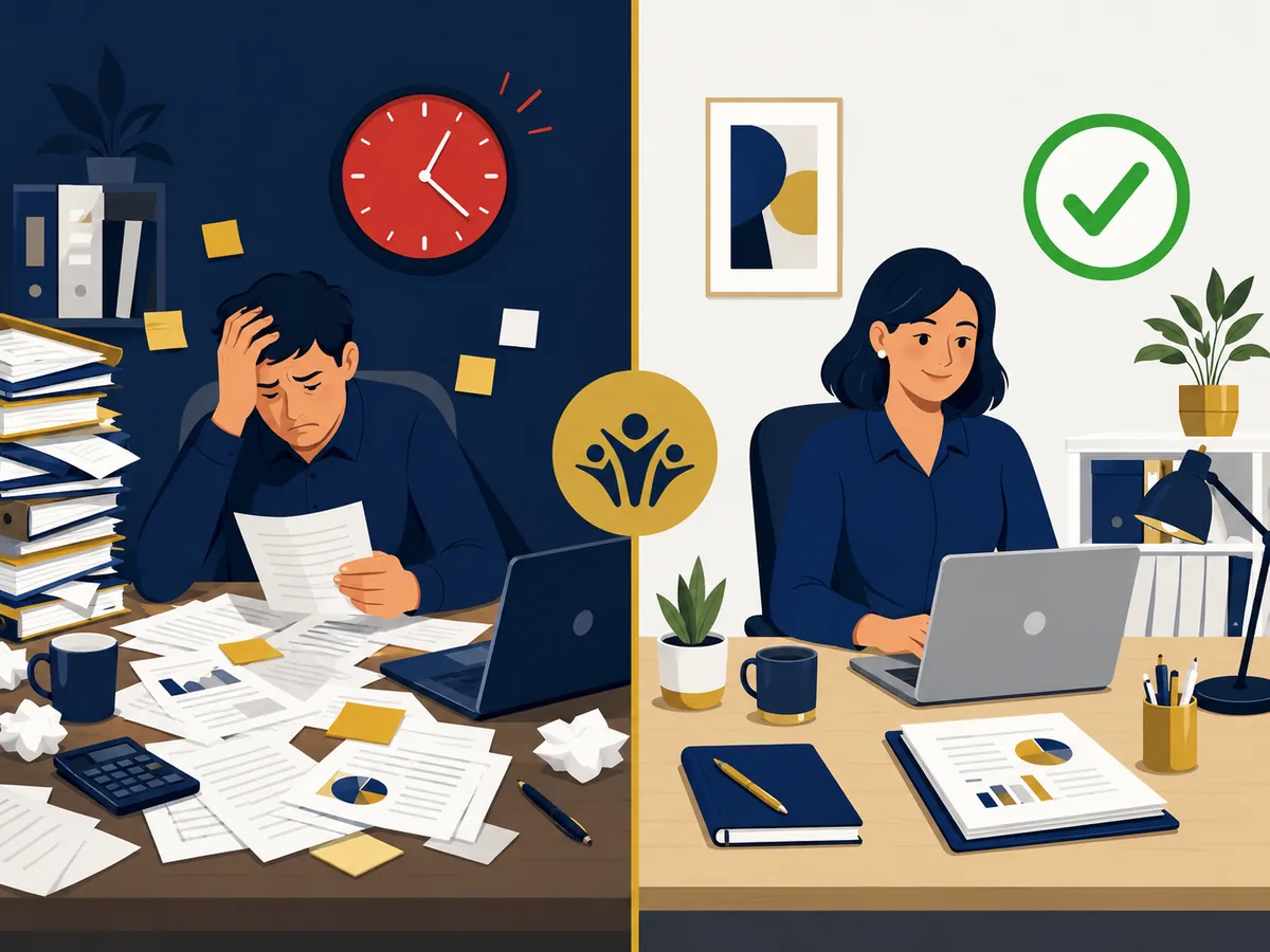 Split illustration comparing a cluttered reactive NDIS practice with a clean organised productive workspace, showing the difference systems make for support coordinators